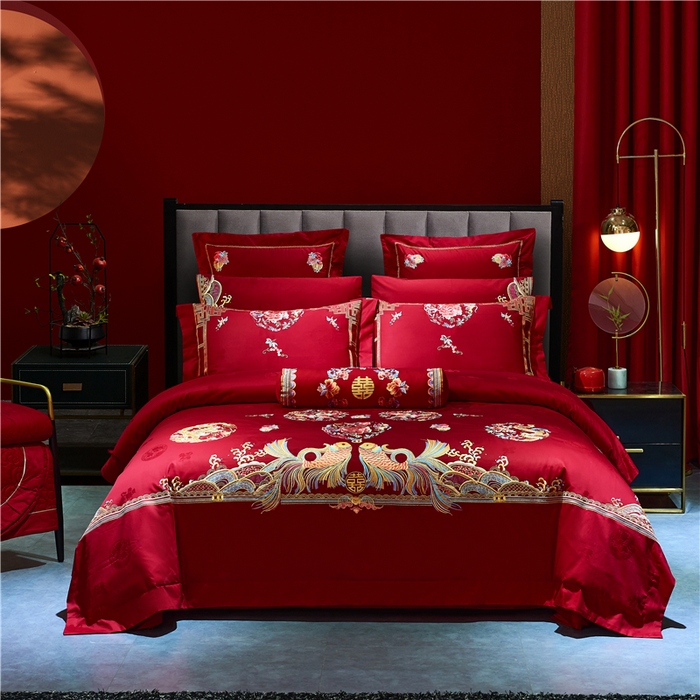 洽想家 2025新款120支双面新疆长绒棉刺绣工艺款婚庆四件套多件套 年年有鱼