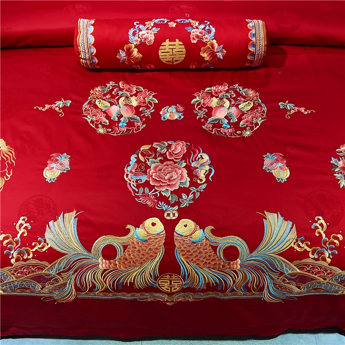 91家纺网 家纺一手货源 找家纺 洽想家 2025新款120支双面新疆长绒棉刺绣工艺款婚庆四件套多件套 年年有鱼