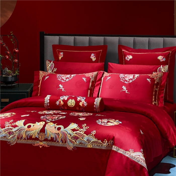 91家纺网 家纺一手货源 找家纺 洽想家 2025新款120支双面新疆长绒棉刺绣工艺款婚庆四件套多件套 年年有鱼