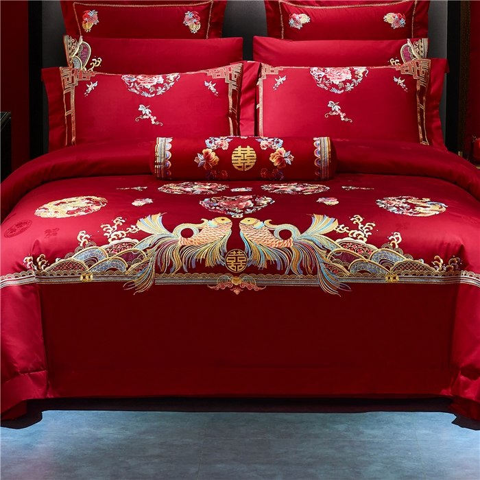 91家纺网 家纺一手货源 找家纺 洽想家 2025新款120支双面新疆长绒棉刺绣工艺款婚庆四件套多件套 年年有鱼