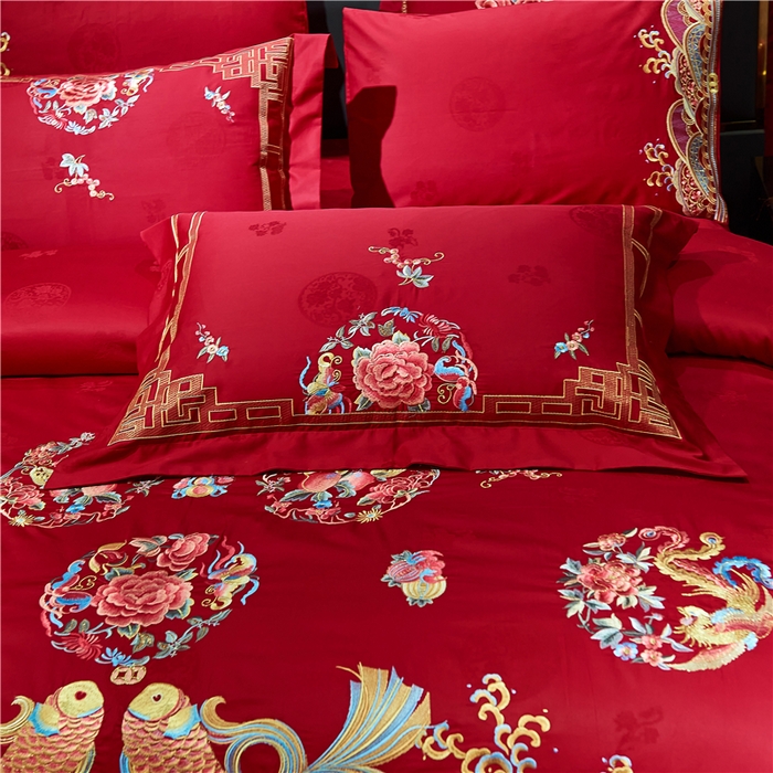 91家纺网 家纺一手货源 找家纺 洽想家 2025新款120支双面新疆长绒棉刺绣工艺款婚庆四件套多件套 年年有鱼