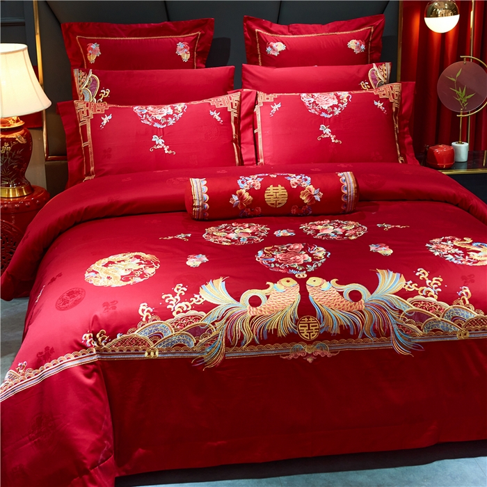 91家纺网 家纺一手货源 找家纺 洽想家 2025新款120支双面新疆长绒棉刺绣工艺款婚庆四件套多件套 年年有鱼