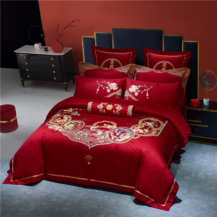 91家纺网 家纺一手货源 找家纺 洽想家 2025新款120支双面新疆长绒棉刺绣工艺款婚庆四件套多件套 团圆龙凤