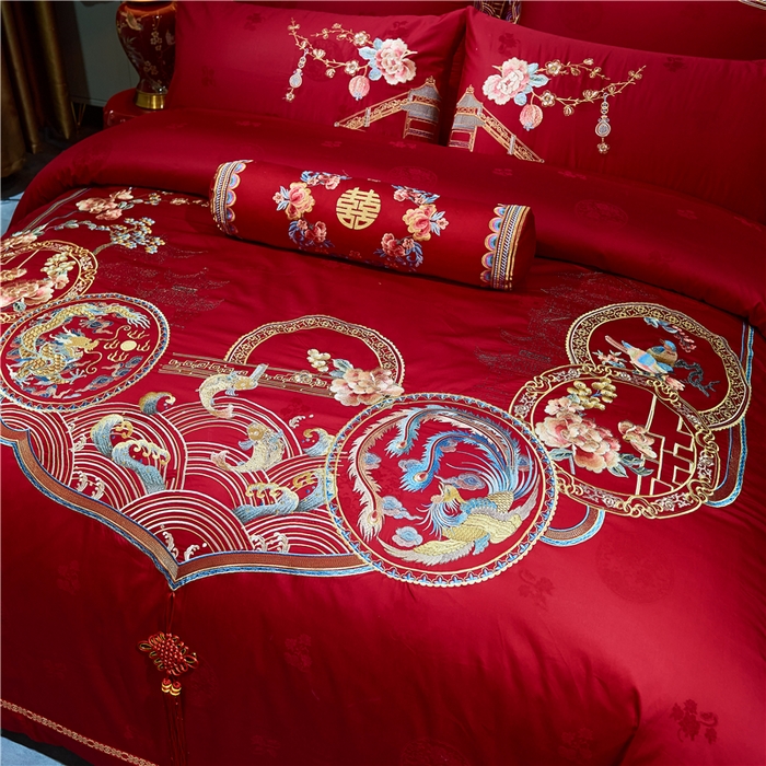 91家纺网 家纺一手货源 找家纺 洽想家 2025新款120支双面新疆长绒棉刺绣工艺款婚庆四件套多件套 团圆龙凤