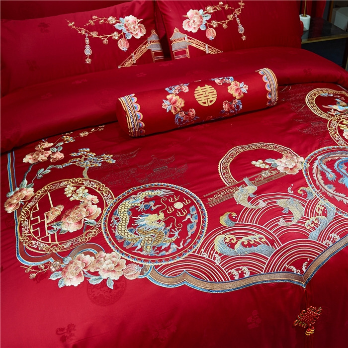 91家纺网 家纺一手货源 找家纺 洽想家 2025新款120支双面新疆长绒棉刺绣工艺款婚庆四件套多件套 团圆龙凤