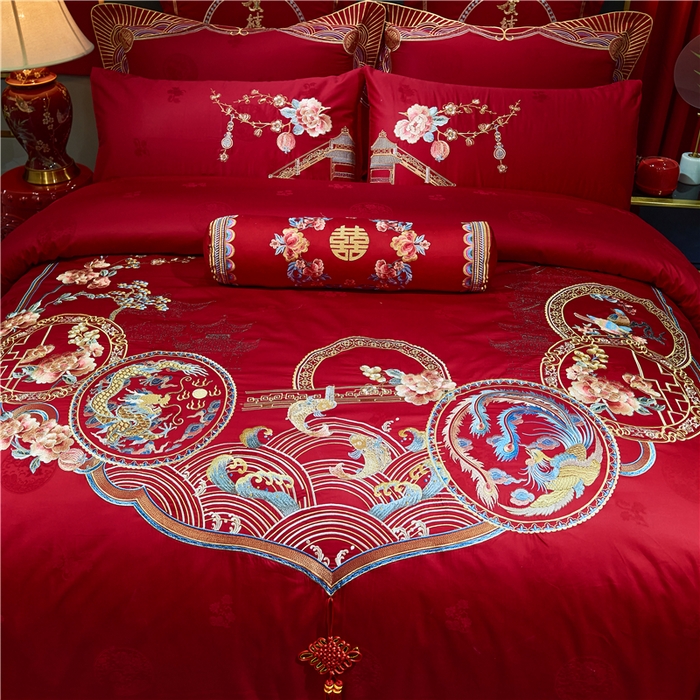 91家纺网 家纺一手货源 找家纺 洽想家 2025新款120支双面新疆长绒棉刺绣工艺款婚庆四件套多件套 团圆龙凤
