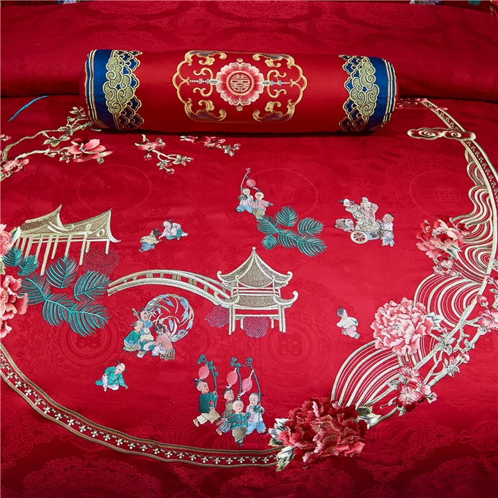 91家纺网 家纺一手货源 找家纺 洽想家 2025新款120支双面新疆长绒棉刺绣工艺款婚庆四件套多件套 喜迎百子