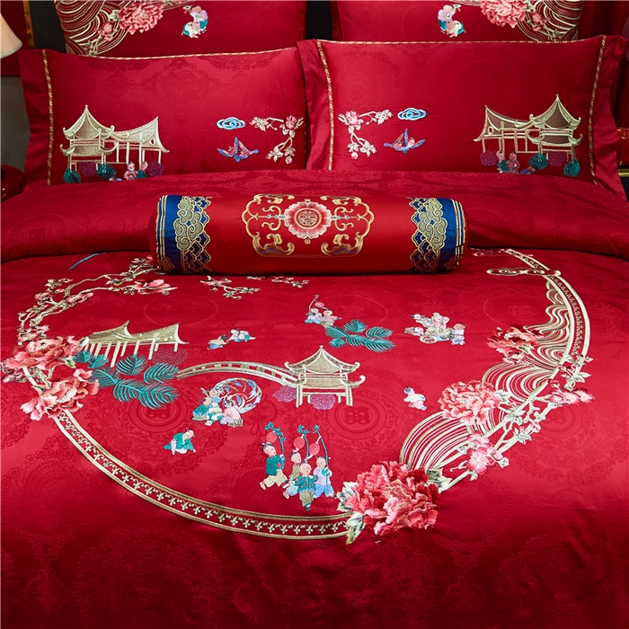 91家纺网 家纺一手货源 找家纺 洽想家 2025新款120支双面新疆长绒棉刺绣工艺款婚庆四件套多件套 喜迎百子