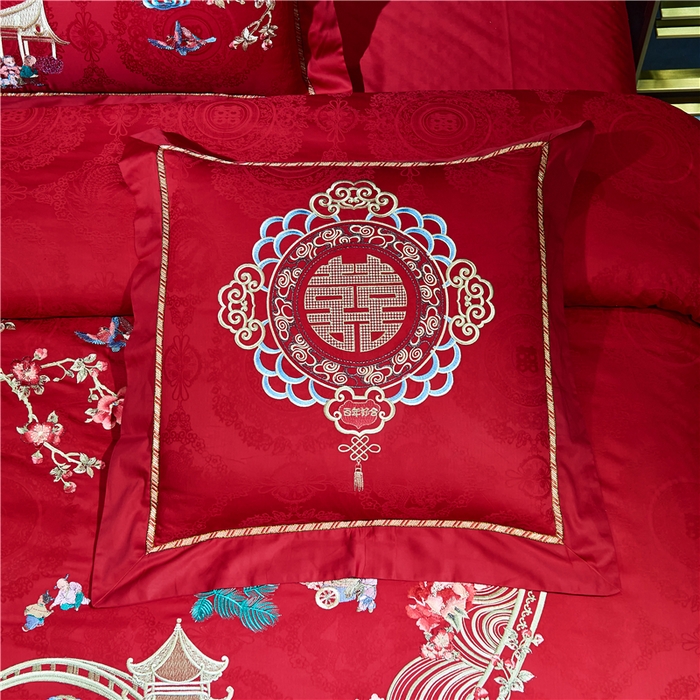 91家纺网 家纺一手货源 找家纺 洽想家 2025新款120支双面新疆长绒棉刺绣工艺款婚庆四件套多件套 喜迎百子