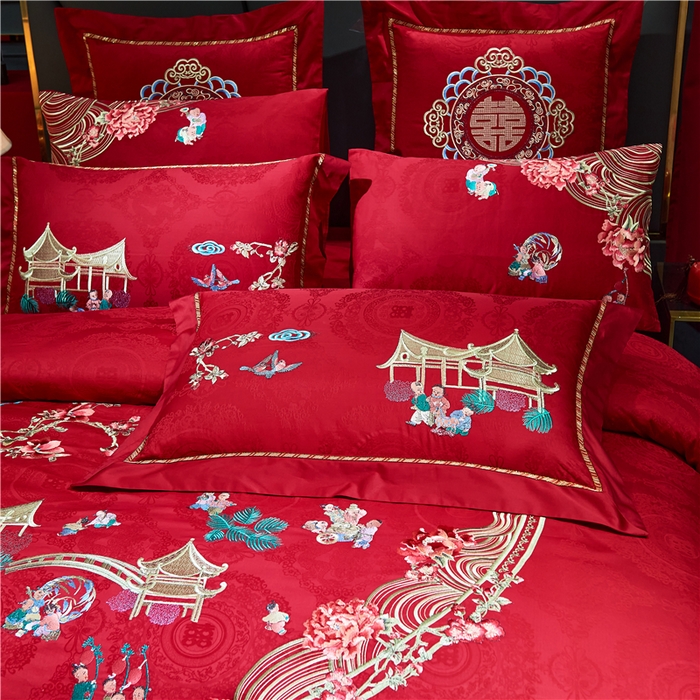 91家纺网 家纺一手货源 找家纺 洽想家 2025新款120支双面新疆长绒棉刺绣工艺款婚庆四件套多件套 喜迎百子