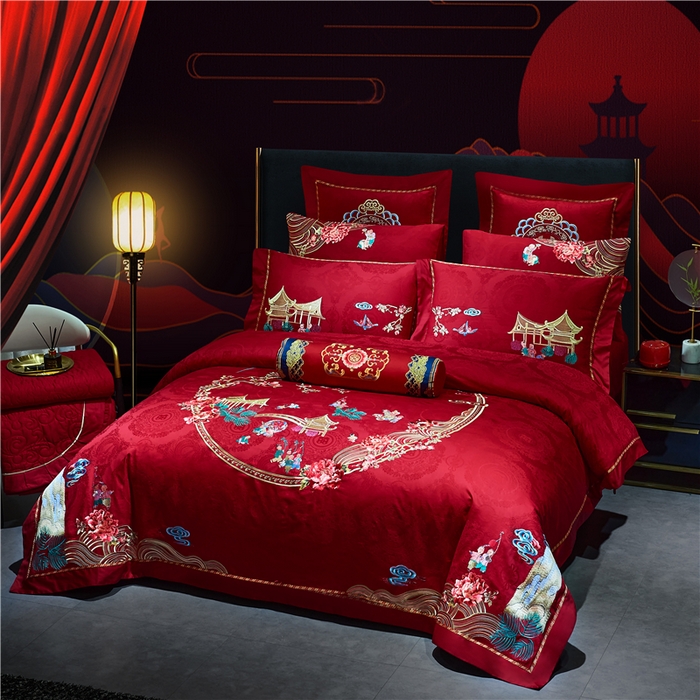 91家纺网 家纺一手货源 找家纺 洽想家 2025新款120支双面新疆长绒棉刺绣工艺款婚庆四件套多件套 喜迎百子