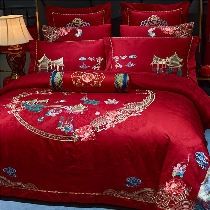 91家纺网 家纺一手货源 找家纺 洽想家 2025新款120支双面新疆长绒棉刺绣工艺款婚庆四件套多件套 喜迎百子