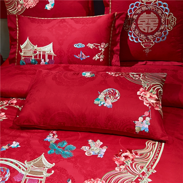 91家纺网 家纺一手货源 找家纺 洽想家 2025新款120支双面新疆长绒棉刺绣工艺款婚庆四件套多件套 喜迎百子