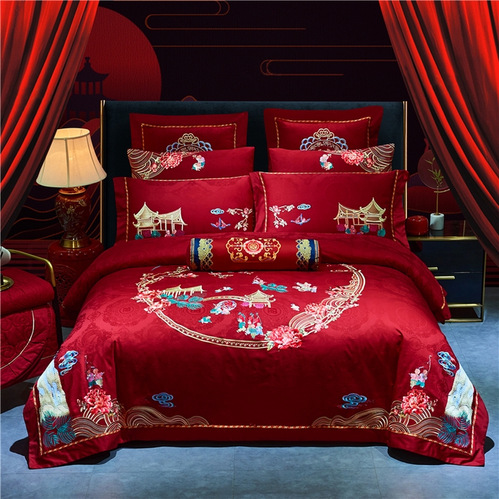 洽想家 2025新款120支双面新疆长绒棉刺绣工艺款婚庆四件套多件套 喜迎百子