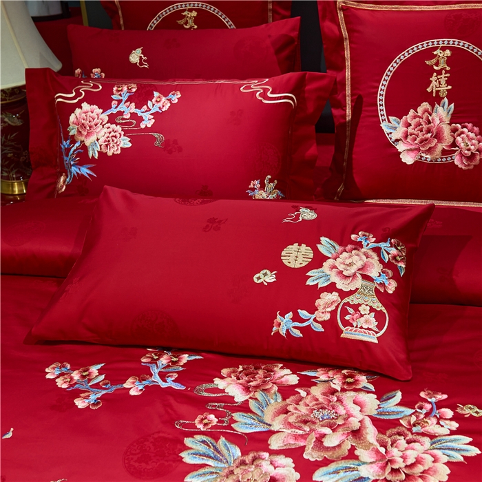 91家纺网 家纺一手货源 找家纺 洽想家 2025新款120支双面新疆长绒棉刺绣工艺款婚庆四件套多件套 新婚贺喜