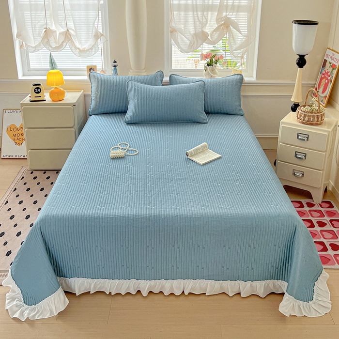 91家纺网 家纺一手货源 找家纺 恒尚居2025花边床盖莫代尔夏季夹棉床单星星刺绣绗缝三件套 夏时光-蓝