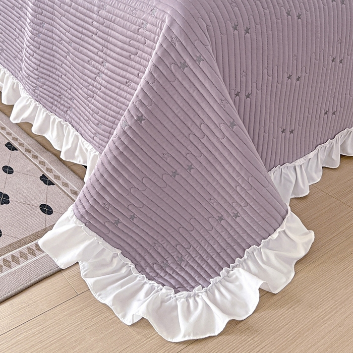 91家纺网 家纺一手货源 找家纺 恒尚居2025花边床盖莫代尔夏季夹棉床单星星刺绣绗缝三件套 夏时光-紫