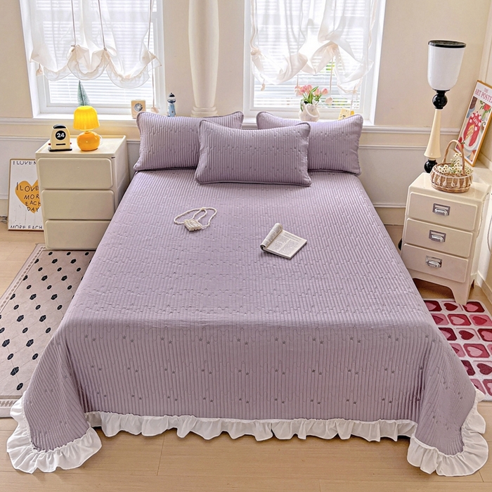 91家纺网 家纺一手货源 找家纺 恒尚居2025花边床盖莫代尔夏季夹棉床单星星刺绣绗缝三件套 夏时光-紫