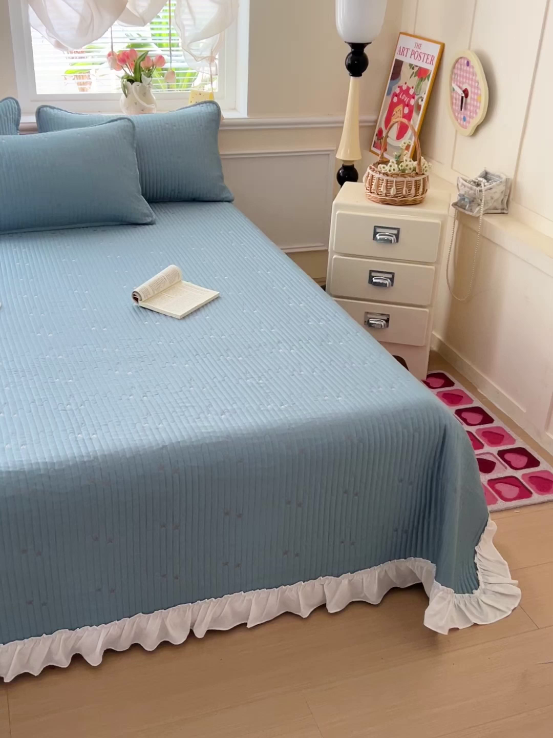 91家纺网 家纺一手货源 找家纺 恒尚居2025花边床盖莫代尔夏季夹棉床单星星刺绣绗缝三件套 夏时光-蓝