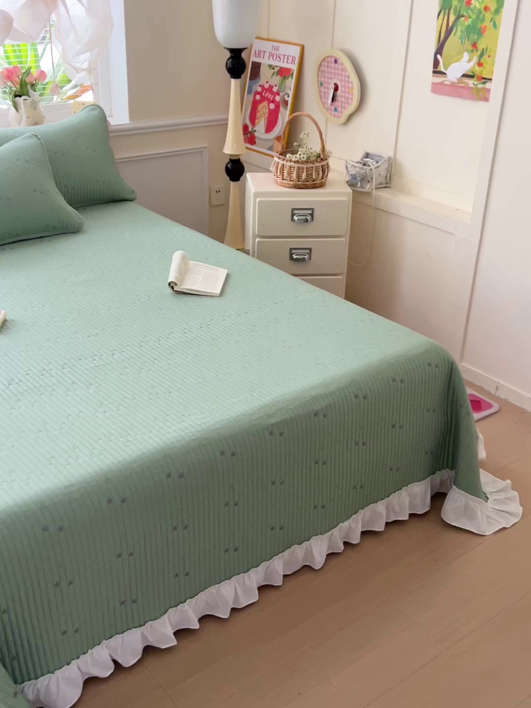 91家纺网 家纺一手货源 找家纺 恒尚居2025花边床盖莫代尔夏季夹棉床单星星刺绣绗缝三件套 夏时光-绿