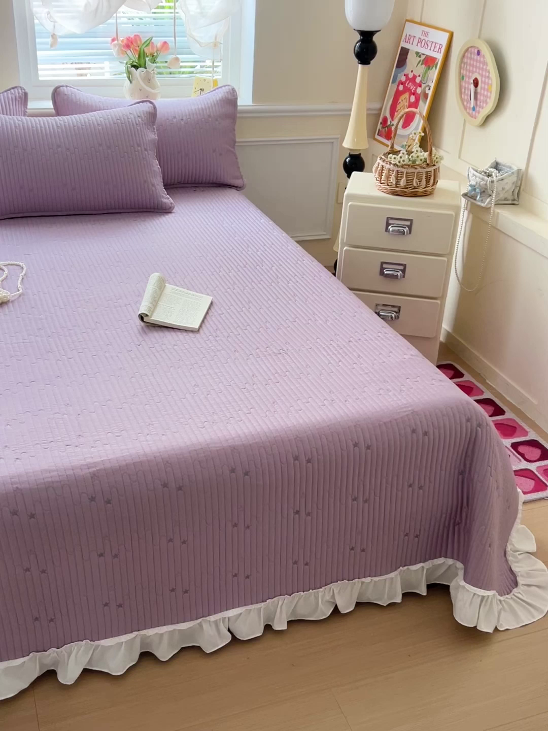 91家纺网 家纺一手货源 找家纺 恒尚居2025花边床盖莫代尔夏季夹棉床单星星刺绣绗缝三件套 夏时光-紫