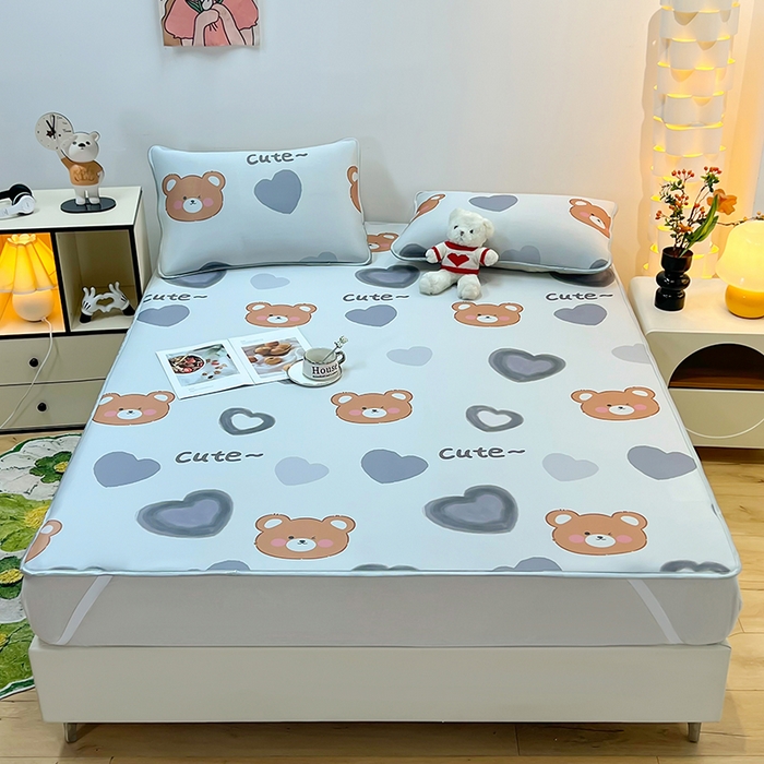 柏薇 2025新款凉感丝中分子印花复合三明治凉席套件 爱心小熊