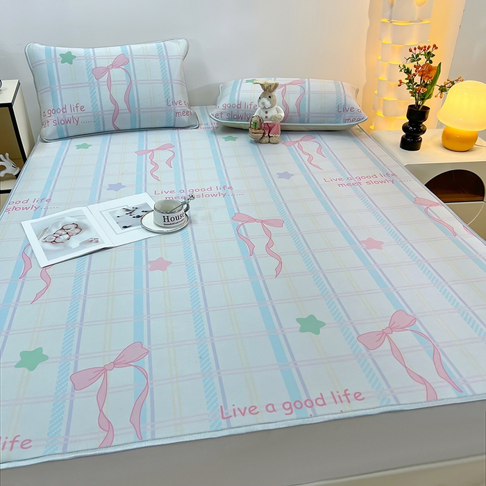 91家纺网 家纺一手货源 找家纺 柏薇 2025新款凉感丝中分子印花复合三明治凉席套件 蝴蝶结