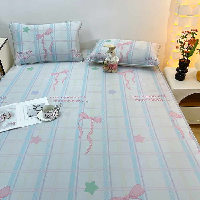 91家纺网 家纺一手货源 找家纺 柏薇 2025新款凉感丝中分子印花复合三明治凉席套件 蝴蝶结