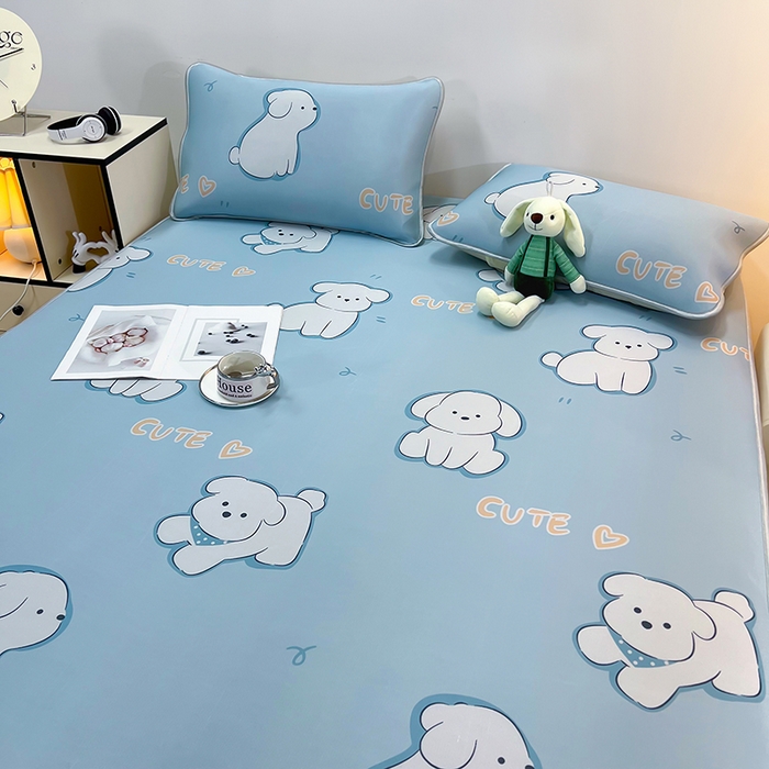 91家纺网 家纺一手货源 找家纺 柏薇 2025新款凉感丝中分子印花复合三明治凉席套件 开心狗狗