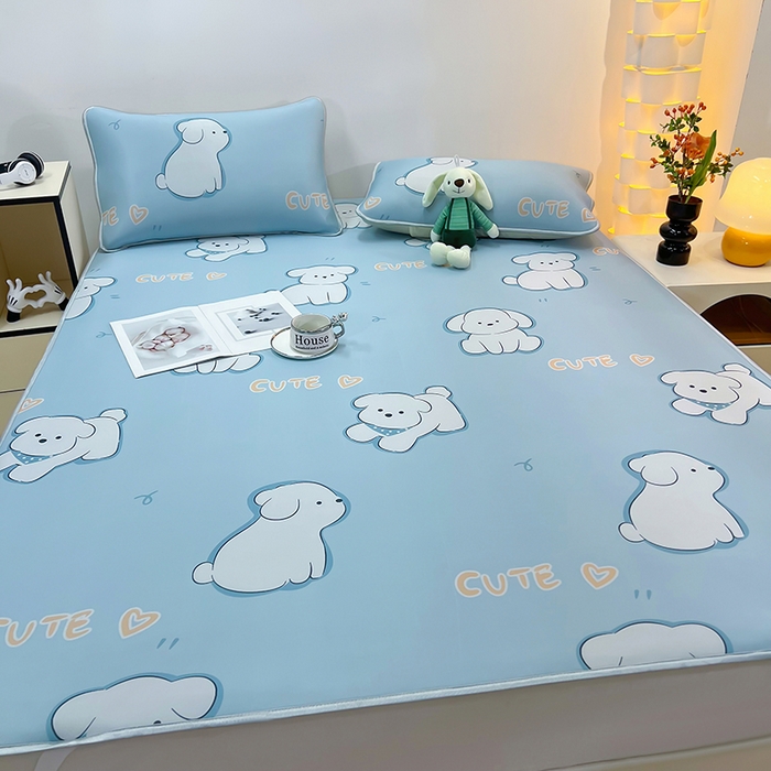 91家纺网 家纺一手货源 找家纺 柏薇 2025新款凉感丝中分子印花复合三明治凉席套件 开心狗狗