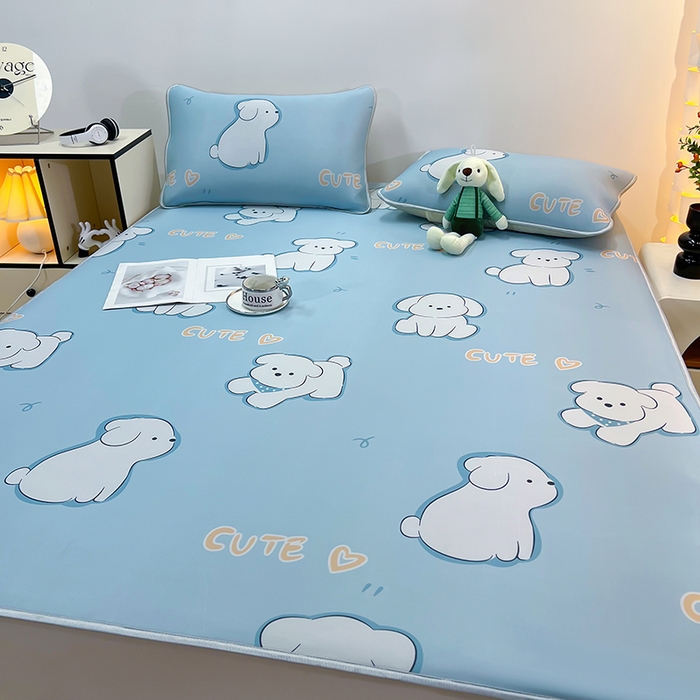 91家纺网 家纺一手货源 找家纺 柏薇 2025新款凉感丝中分子印花复合三明治凉席套件 开心狗狗