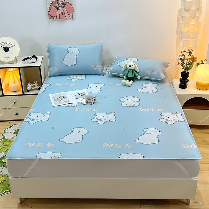 柏薇 2025新款凉感丝中分子印花复合三明治凉席套件 开心狗狗