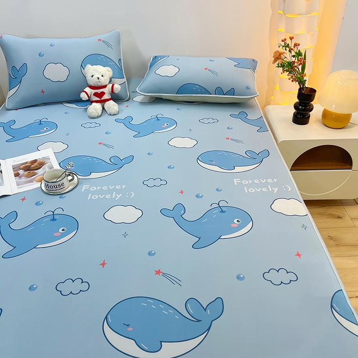 91家纺网 家纺一手货源 找家纺 柏薇 2025新款凉感丝中分子印花复合三明治凉席套件 鲸鱼宝宝