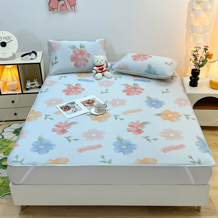 柏薇 2025新款凉感丝中分子印花复合三明治凉席套件 花之恋黄