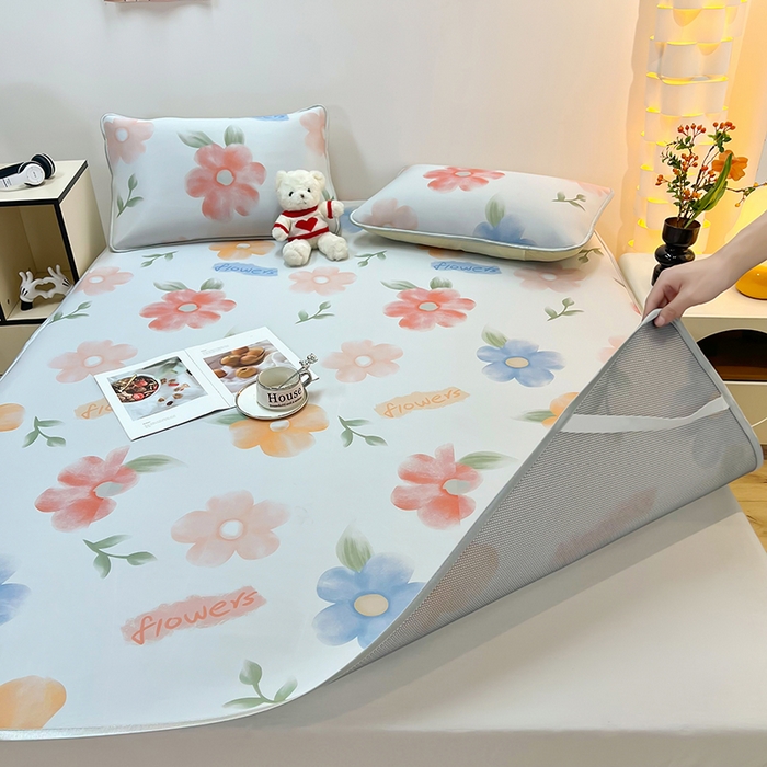 91家纺网 家纺一手货源 找家纺 柏薇 2025新款凉感丝中分子印花复合三明治凉席套件 花之恋黄