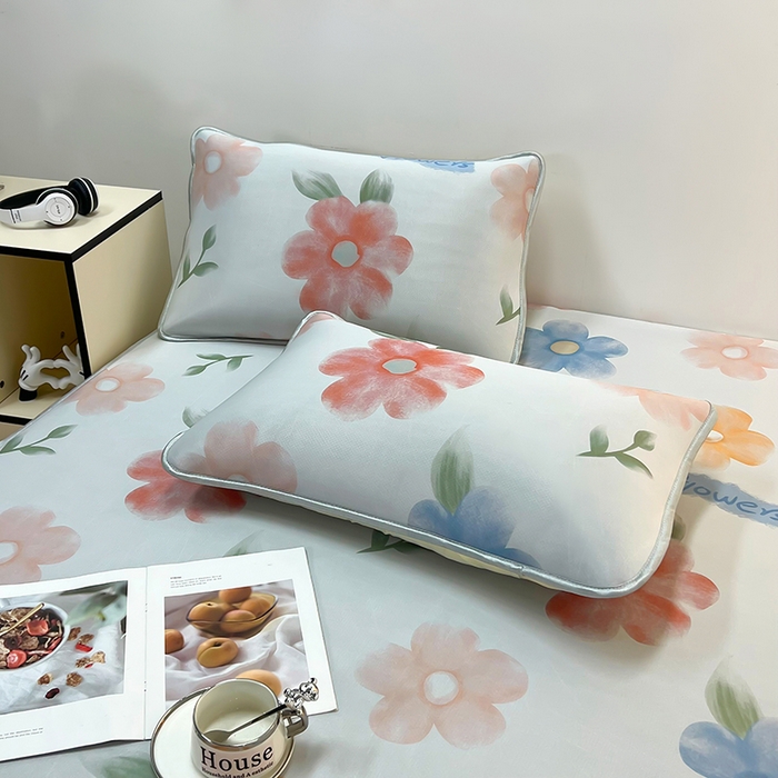 91家纺网 家纺一手货源 找家纺 柏薇 2025新款凉感丝中分子印花复合三明治凉席套件 花之恋黄