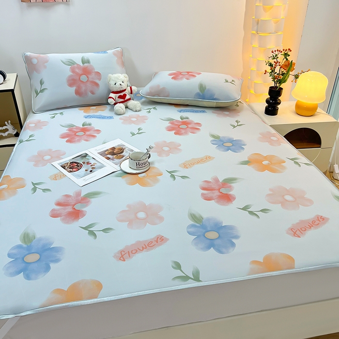 91家纺网 家纺一手货源 找家纺 柏薇 2025新款凉感丝中分子印花复合三明治凉席套件 花之恋黄