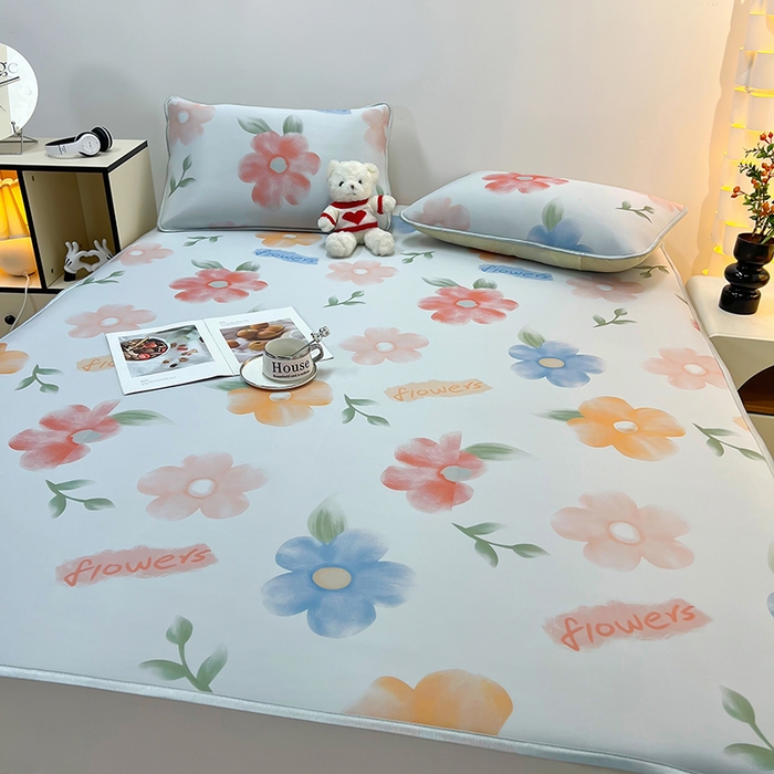 91家纺网 家纺一手货源 找家纺 柏薇 2025新款凉感丝中分子印花复合三明治凉席套件 花之恋黄