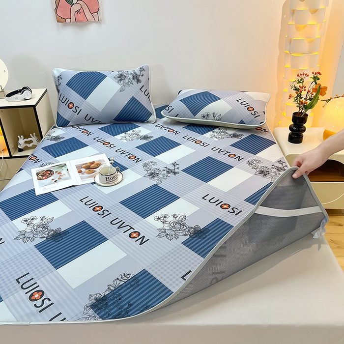 91家纺网 家纺一手货源 找家纺 柏薇 2025新款凉感丝中分子印花复合三明治凉席套件 棋盘格