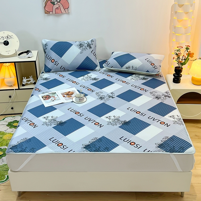 柏薇 2025新款凉感丝中分子印花复合三明治凉席套件 棋盘格