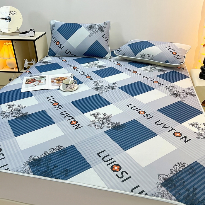 91家纺网 家纺一手货源 找家纺 柏薇 2025新款凉感丝中分子印花复合三明治凉席套件 棋盘格