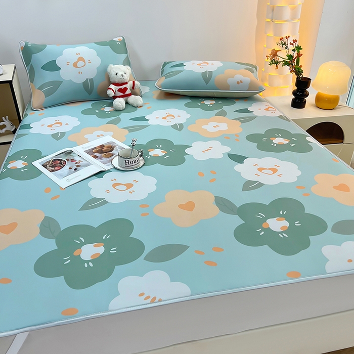 91家纺网 家纺一手货源 找家纺 柏薇 2025新款凉感丝中分子印花复合三明治凉席套件 七彩花