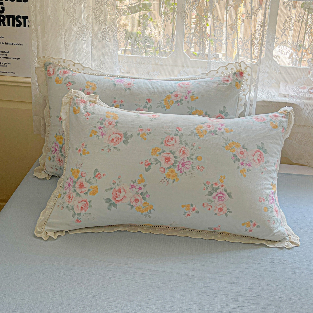 91家纺网 家纺一手货源 找家纺 水木坊 2025新款全棉镂空花边皱皱双层纱四件套专供网销直播 蓝茵河畔