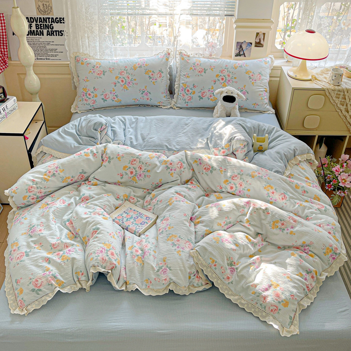 91家纺网 家纺一手货源 找家纺 水木坊 2025新款全棉镂空花边皱皱双层纱四件套专供网销直播 蓝茵河畔