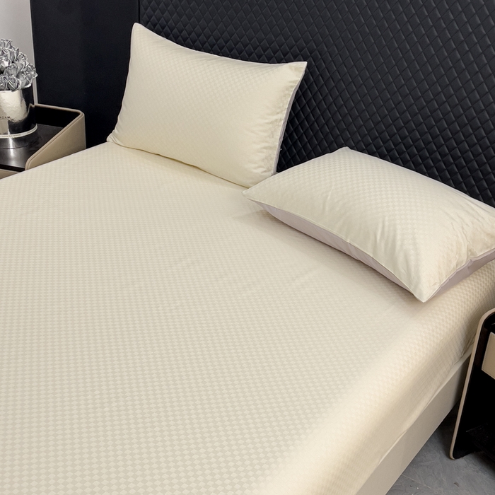 91家纺网 家纺一手货源 找家纺 金鑫汇家纺 2024新款长绒棉提花小方格系列四件套单品系列-单床笠 奶昔白-淡紫