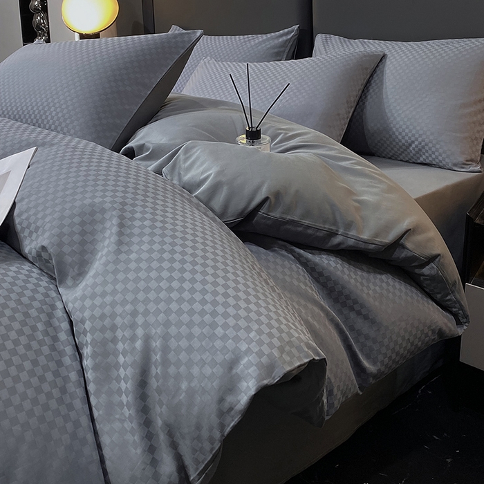 金鑫汇家纺 2025新款长绒棉提花小方格系列四件套单品系列-四件套 深灰（新拍）