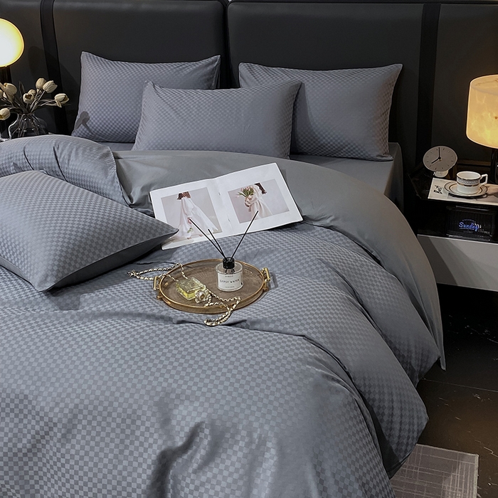 91家纺网 家纺一手货源 找家纺 金鑫汇家纺 2025新款长绒棉提花小方格系列四件套单品系列-四件套 深灰（新拍）