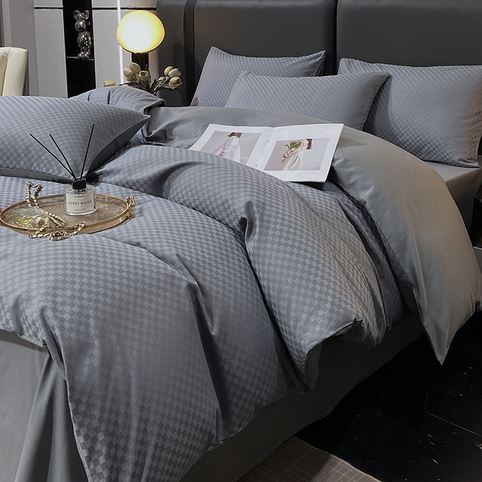 91家纺网 家纺一手货源 找家纺 金鑫汇家纺 2025新款长绒棉提花小方格系列四件套单品系列-四件套 深灰（新拍）