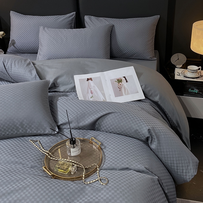 91家纺网 家纺一手货源 找家纺 金鑫汇家纺 2025新款长绒棉提花小方格系列四件套单品系列-四件套 深灰（新拍）