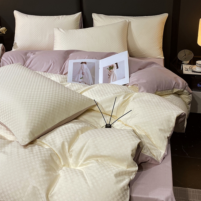 91家纺网 家纺一手货源 找家纺 金鑫汇家纺 2025新款长绒棉提花小方格系列四件套单品系列-四件套 奶昔白+淡紫（新拍）
